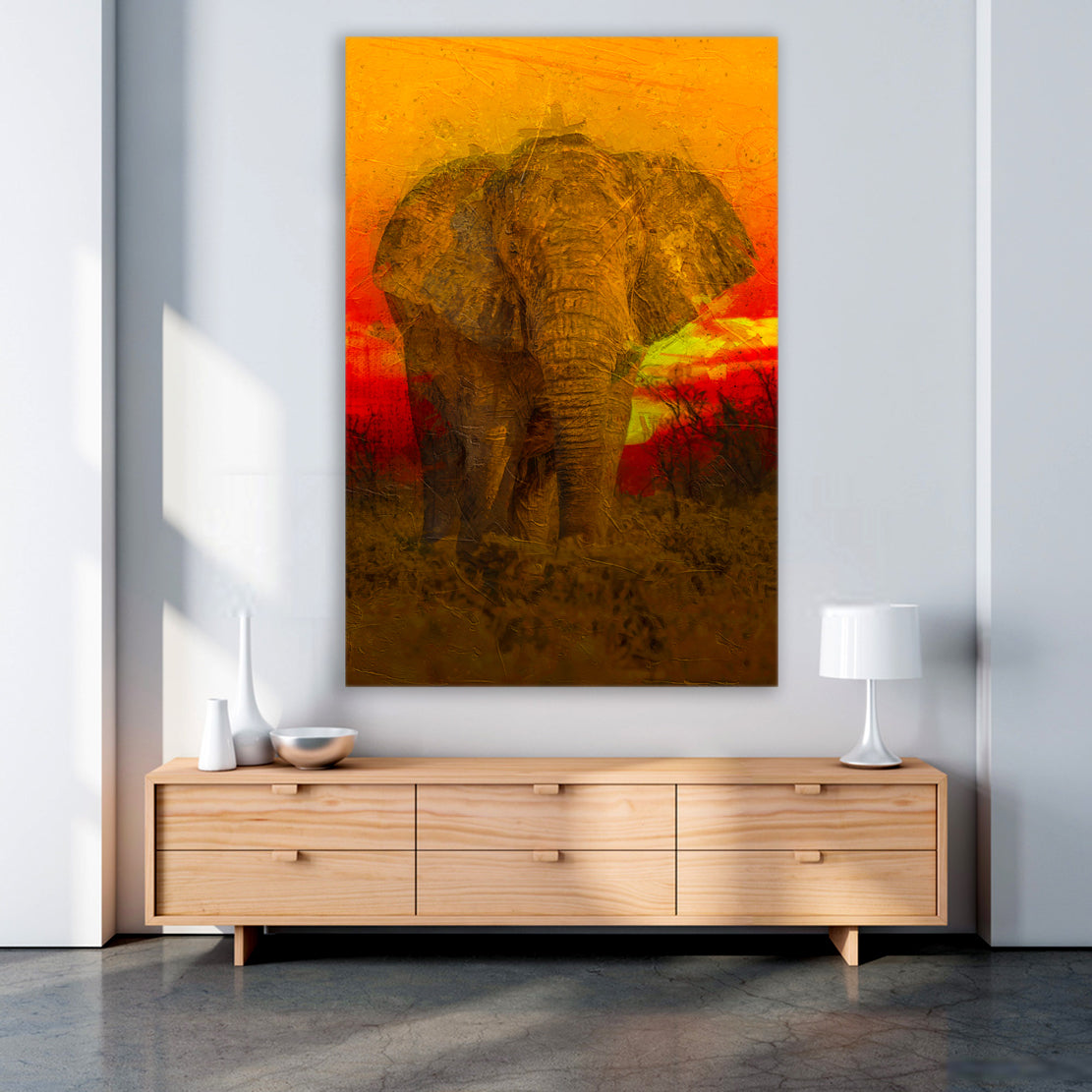 Quadro stampa su tela moderno elefante Red Sunset Style Africa