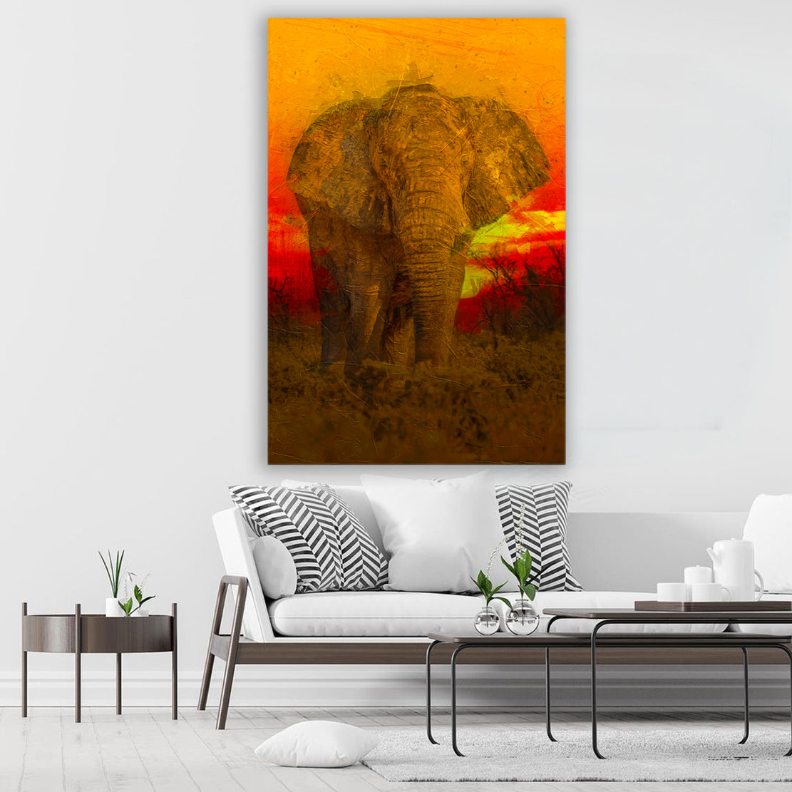 Quadro stampa su tela moderno elefante Red Sunset Style Africa